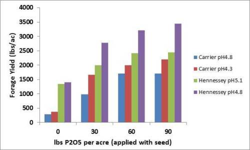 Figure 3. The impact of banding phosphate with seed at planting in acidic soils on winter wheat forage production in Oklahoma. Chart adapted from Boman et al. 1992.