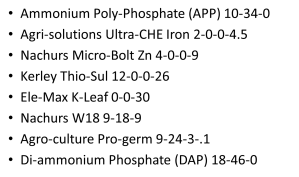 List of fertilizers and products used. 